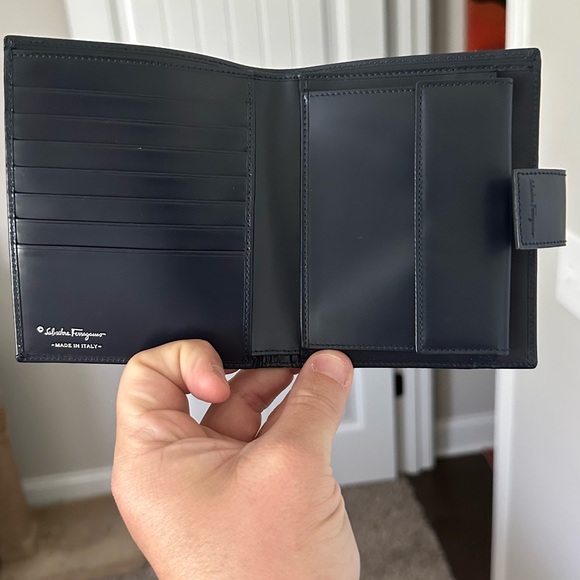 Salvatore Ferragamo Wallet Gancio Navy Gray Canvas Leather Bi-Fold Ladies - Picture 10 of 15